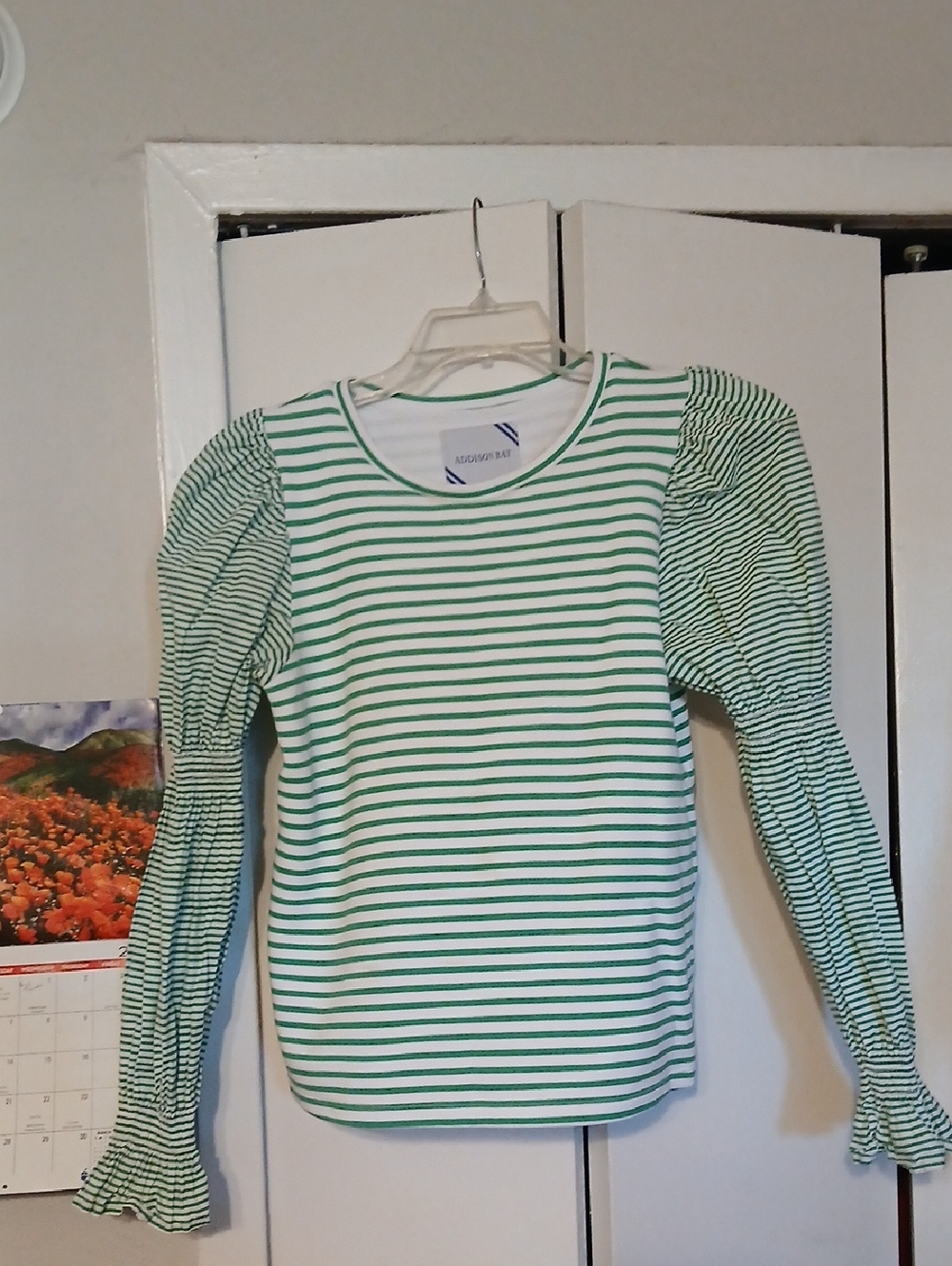 Addison Bay Green and White Striped Puff-Sleeve Top